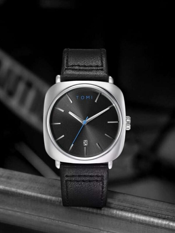 TOMI T-084 Black Silver Men's Watch Quartz Date Leather Strap - Tomi Watches