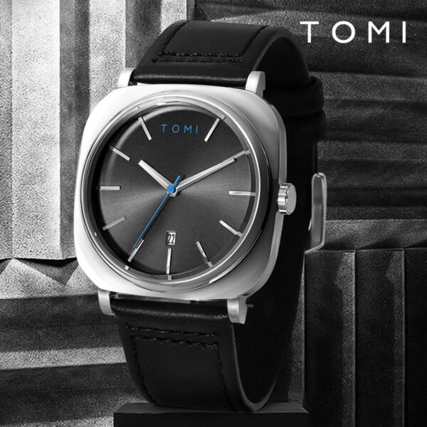 TOMI T-084 Black Silver Men's Watch Quartz Date Leather Strap - Tomi Watches