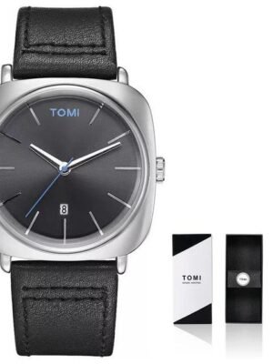 TOMI T-084 Black Silver Men's Watch Quartz Date Leather Strap - Tomi Watches