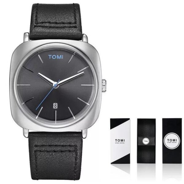TOMI T-084 Black Silver Men's Watch Quartz Date Leather Strap - Tomi Watches